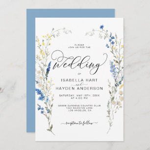 Blue Dusty Yellow Dainty Floral Botanical Wedding Invitation