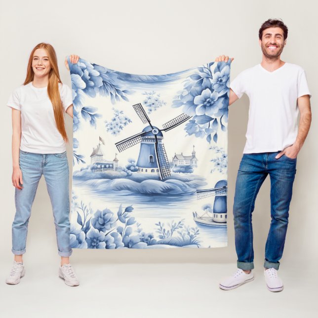 Blue Dutch Delft Windmill Watercolor  Fleece Blanket (In Situ)