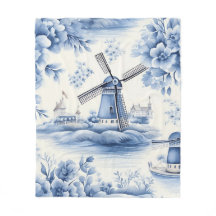 Blue Dutch Delft Windmill Watercolor