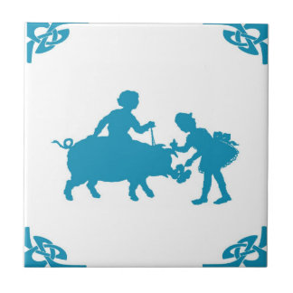 Blue Dutch Kids & Pig Delft Tile