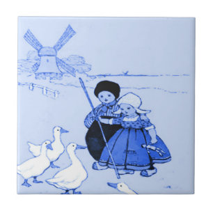 Blue Dutch Kids with Geese Ceramic Tile