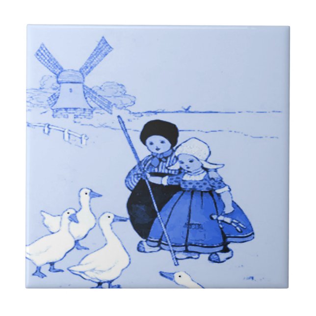 Blue Dutch Kids with Geese Ceramic Tile (Front)