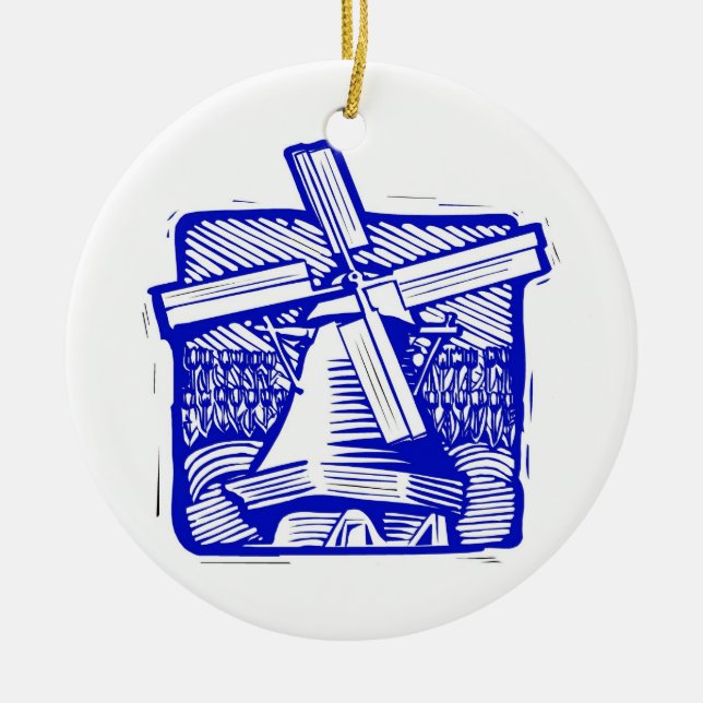 Blue Dutch Windmill Ceramic Ornament (Front)