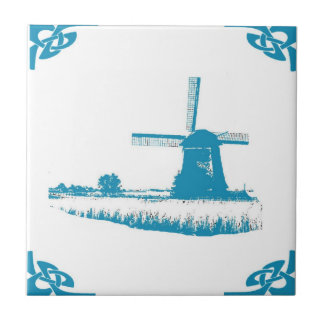 Blue Dutch Windmill Trees Tile