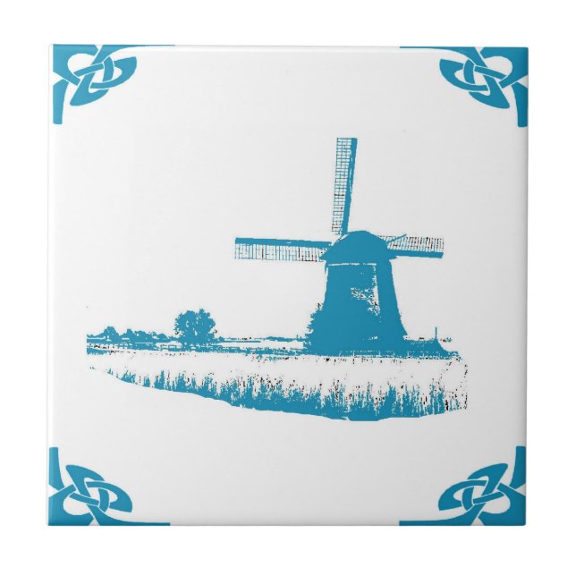 Blue Dutch Windmill Trees Tile (Front)