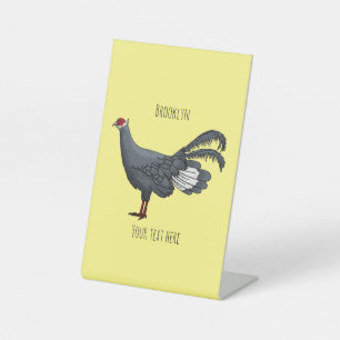 Blue eared pheasant bird cartoon illustration pedestal sign