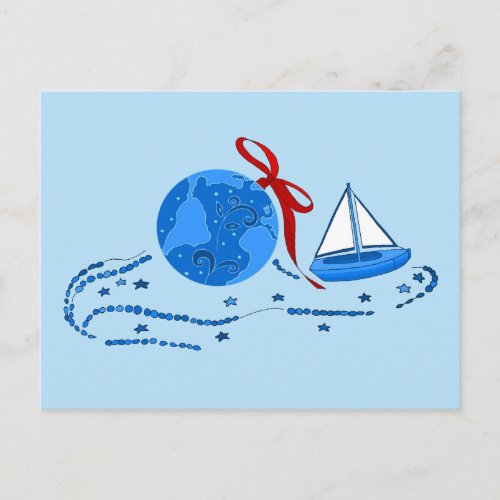 Blue Earth Christmas Ball and Little Boat Postcard
