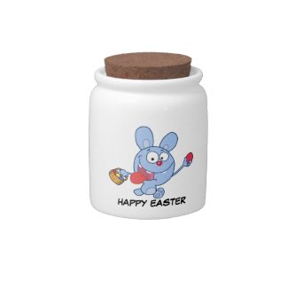 Blue Easter Bunny Carrying Colorful Easter Eggs Candy Jar