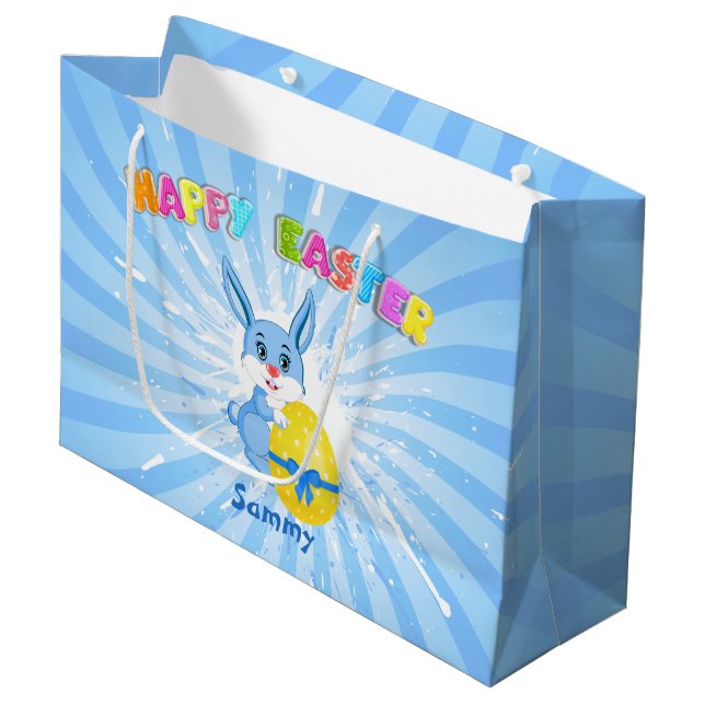 Blue Easter Bunny Cartoon Large Gift Bag (Front Angled)