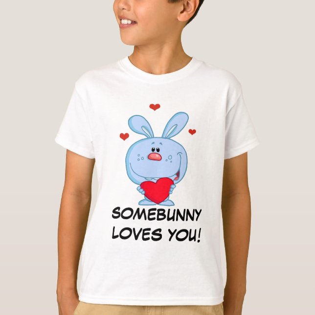 Blue Easter Bunny Holding Red Heart T-Shirt (Front)