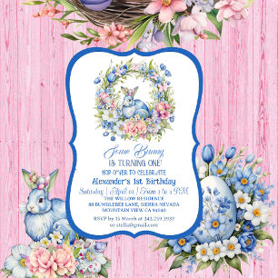 Blue Easter Bunny Pink Floral Wreath 1st Birthday Invitation