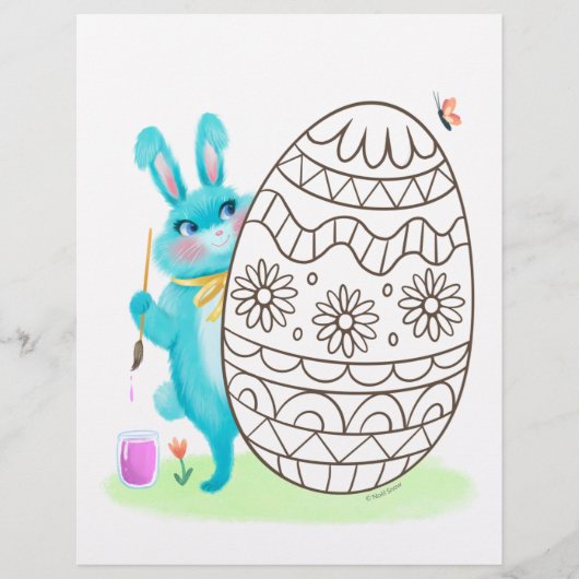 Blue Easter Bunny Rabbit and Egg Coloring Page (Front)
