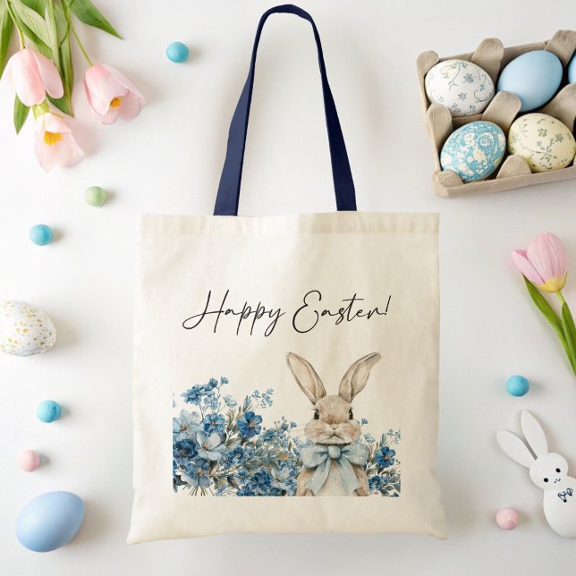 Blue Easter Bunny  Tote Bag (Blue Floral Easter Bunny Tote Bag)