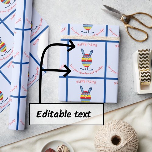 Blue easter egg bunny custom text wrapping paper