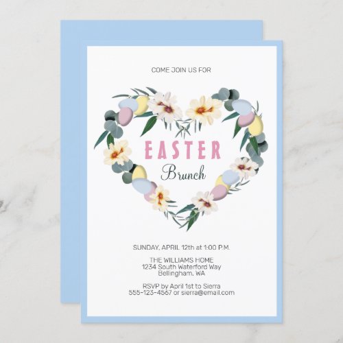 Blue Easter Eggs Flowers Heart Wreath Brunch Invitation