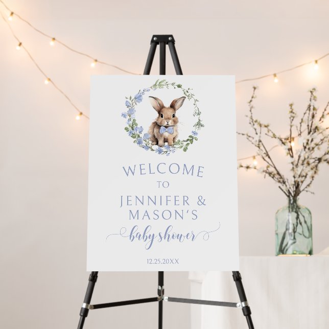 Blue Easter rabbit baby shower welcome sign board (In Situ (Stand))