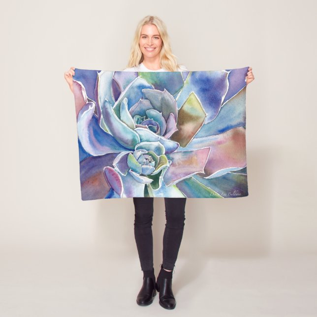 Blue Echeveria Succulent Fleece Blanket, 3 sizes (In Situ)