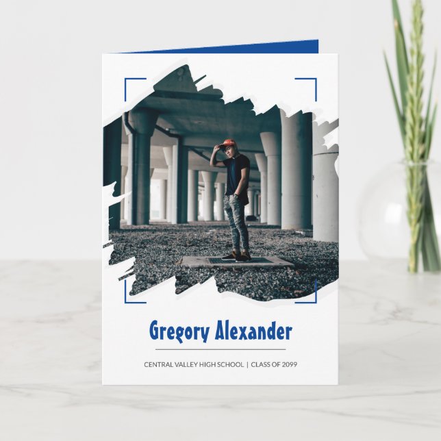 Blue Edgy Abstract Brushstroke Photo Graduation Invitation (Front)