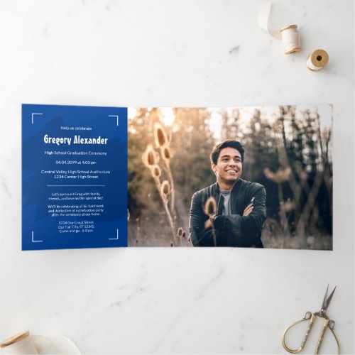 Blue Edgy Abstract Brushstroke Photo Graduation Tri_Fold Invitation