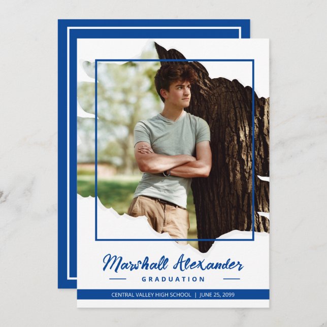 Blue Edgy Abstract Torn Photo Graduation Invitation (Front/Back)