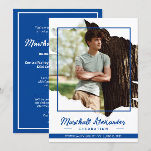 Blue Edgy Abstract Torn Photo Graduation Invitation