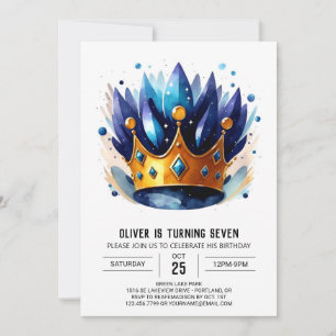 Blue Editable Prince Crown Birthday Invitation