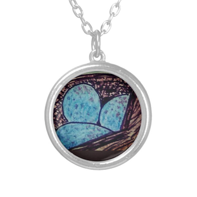 Blue Eggs in Nest Silver Plated Necklace (Front)
