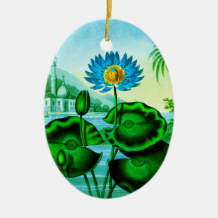 Blue Egyptian Water Lily / Lotus Illustration Ceramic Ornament