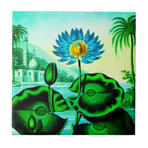 Blue Egyptian Water Lily / Lotus Illustration Ceramic Tile