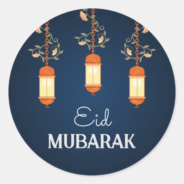 Blue Eid Mubarak Floral Lantern Islamic Classic Round Sticker (Front)