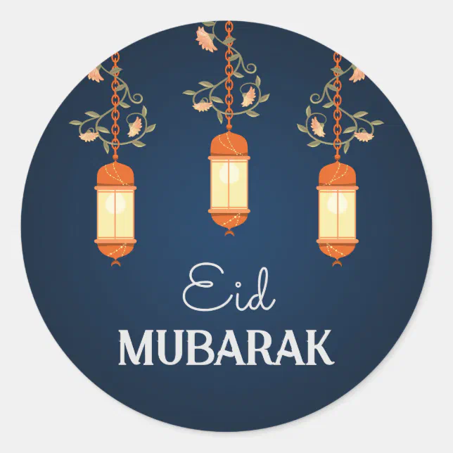 Blue Eid Mubarak Floral Lantern Islamic Classic Round Sticker | Zazzle