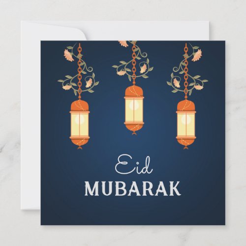 Blue Eid Mubarak Floral Lantern Islamic Holiday Card