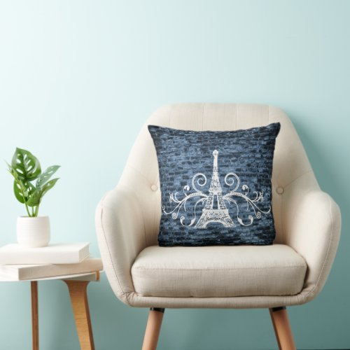 Blue Eiffel Towel Grunge Throw Pillow