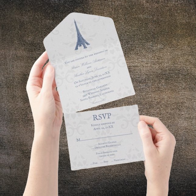Blue Eiffel Tower Damask All in One Wedding Invite (Blue Eiffel Tower Damask All in One Wedding Invite)