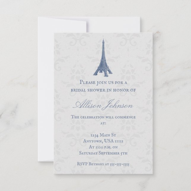 Blue Eiffel Tower Damask Bridal Shower Invite (Front)