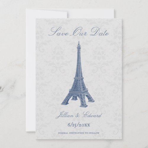 Blue Eiffel Tower Damask Save The Date Announcement