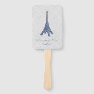 Blue Eiffel Tower Damask Wedding Favor Hand Fan