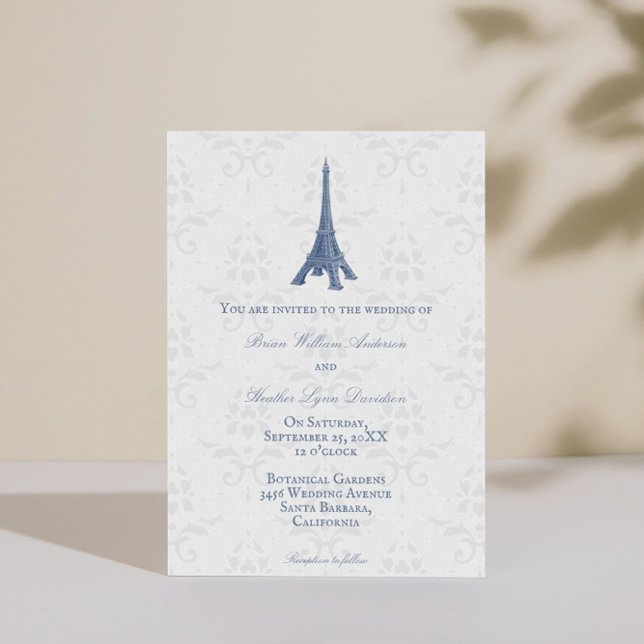 Blue Eiffel Tower Damask Wedding Invitation (Blue Eiffel Tower Damask Wedding Invitation)