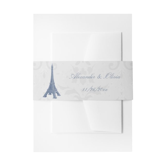 Blue Eiffel Tower Damask Wedding Invite Belly Band (Front Example)