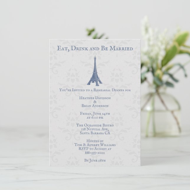 Blue Eiffel Tower Damask Wedding Rehearsal Dinner Invitation (Standing Front)