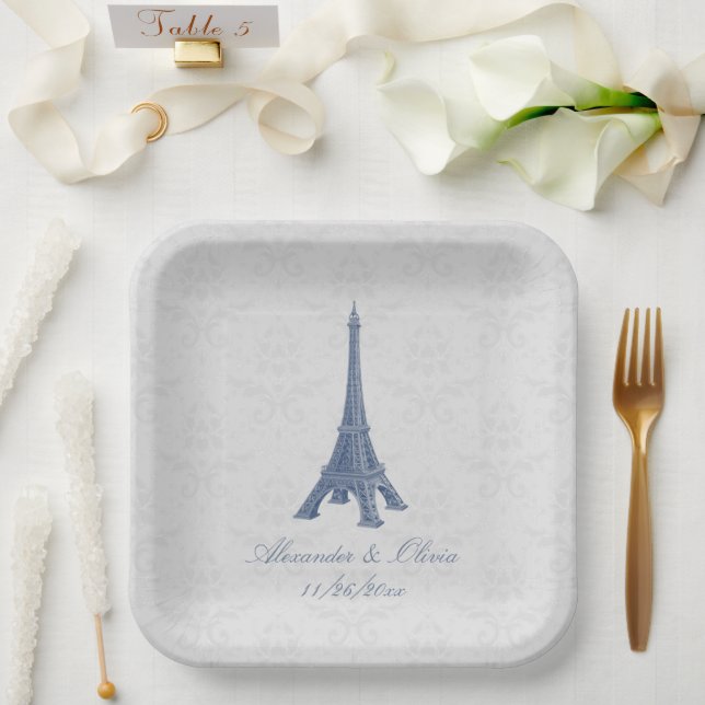 Blue Eiffel Tower Damask Wedding Shower Paper Plates (Wedding)