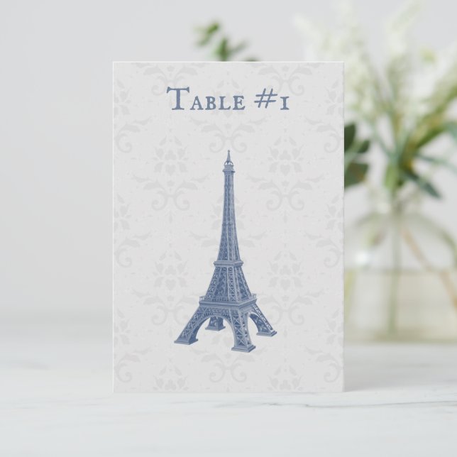 Blue Eiffel Tower Damask Wedding Table Card (Standing Front)