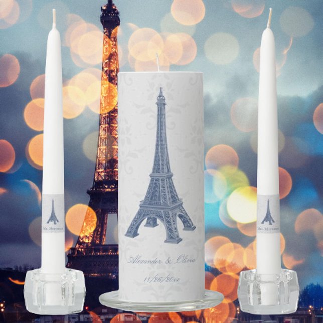 Blue Eiffel Tower Damask Wedding Unity Candle Set (Blue Eiffel Tower Wedding Unity Candle Set)