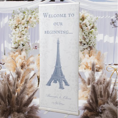 Blue Eiffel Tower Damask Wedding Welcome Banner