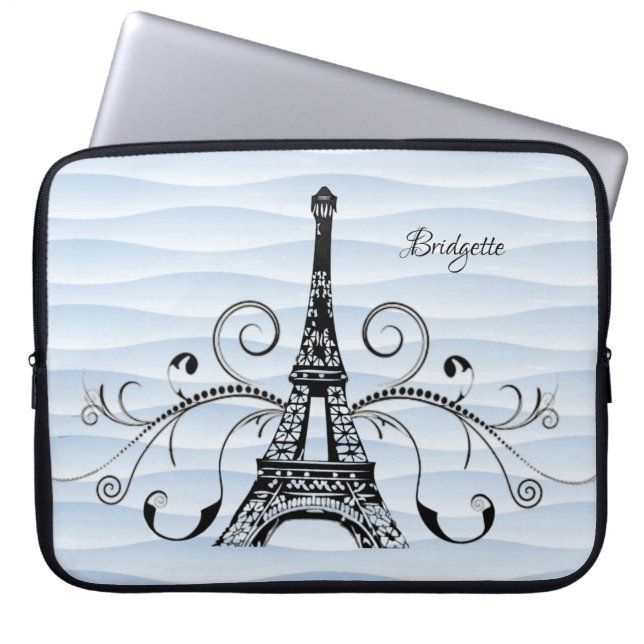 Blue Eiffel Tower Flourish Laptop Sleeve (Front)