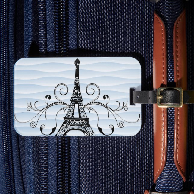 Blue Eiffel Tower Flourish Luggage Tag (Front Insitu 4)