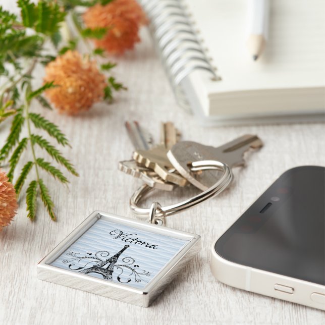 Blue Eiffel Tower Flourish Square Keychain (Side)