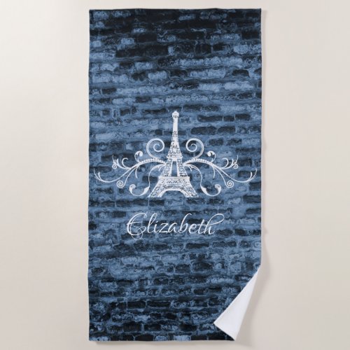 Blue Eiffel Tower Grunge Beach Towel