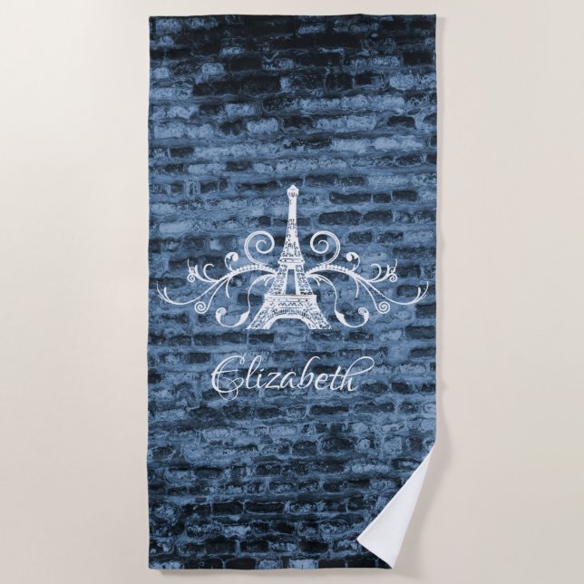 Blue Eiffel Tower Grunge Beach Towel (Front)