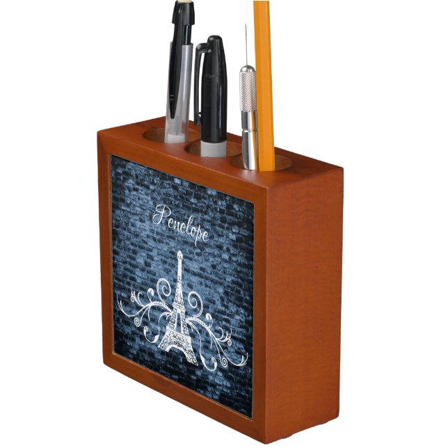 Blue Eiffel Tower Grunge Desk Organizer (In Situ)